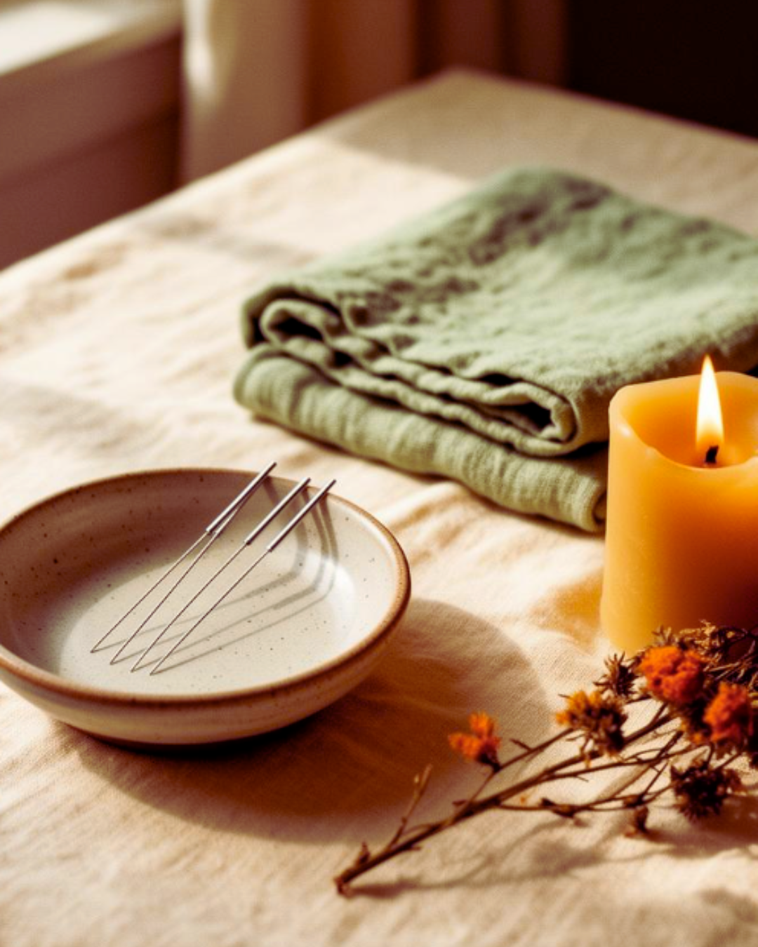 Acupuncture needles in a small ceramic dish beside a beeswax candle, sage eucalyptus, and a vivid burnt-orange tulip on warm cream linen